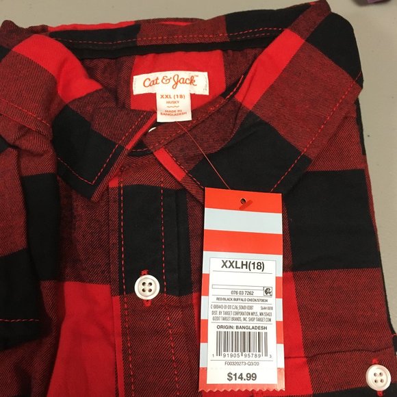 Boys Cat & Jack Long Sleeve Button Down Red & Black Plaid Shirt - XXLH (18) - Picture 4 of 8